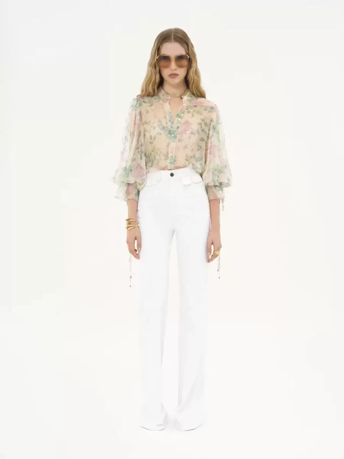 Puff-sleeve blouse in silk mousseline