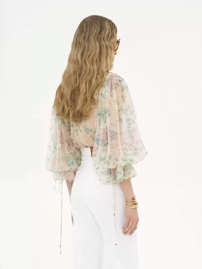 Puff-sleeve blouse in silk mousseline