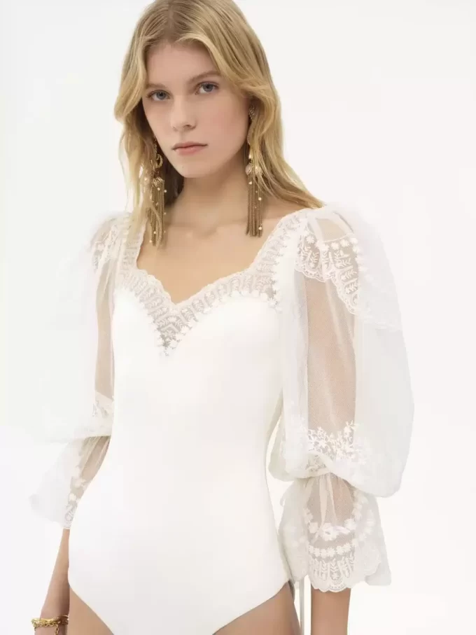 Puff-sleeve bodysuit in shiny stretch jersey & lace Puff-sleeve bodysuit in shiny stretch jersey & lace