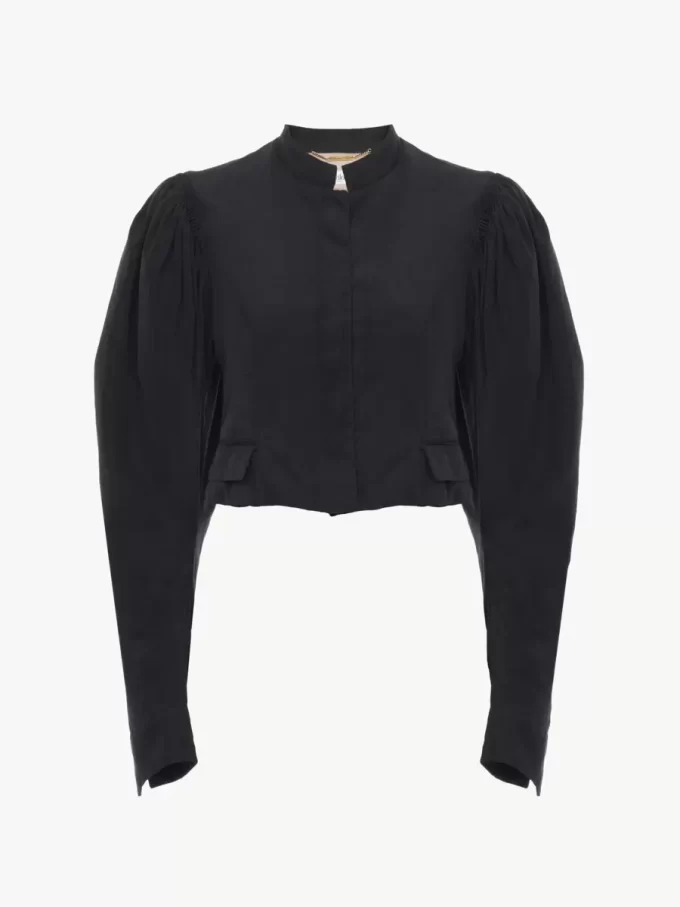 Puff-sleeve cropped jacket in silk faille