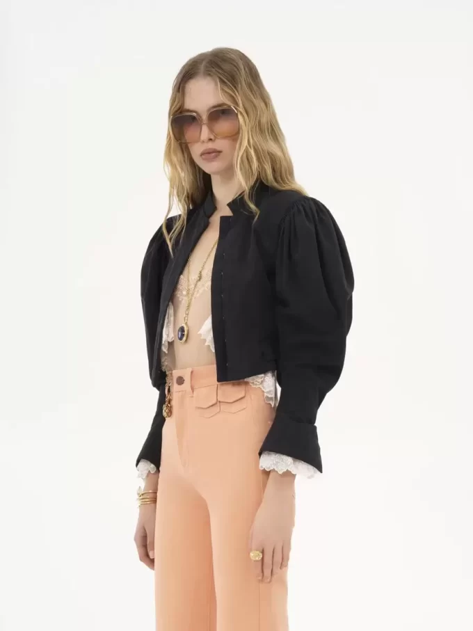 Puff-sleeve cropped jacket in silk faille