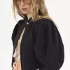 Puff-sleeve cropped jacket in silk faille