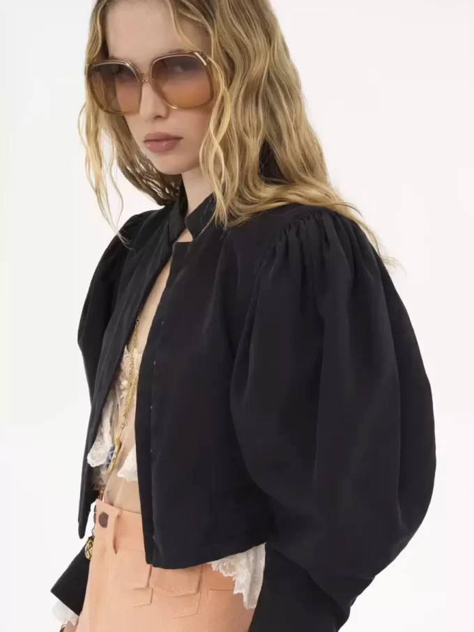 Puff-sleeve cropped jacket in silk faille
