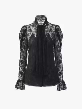 Puff-sleeve lavallière top in floral lace jacquard