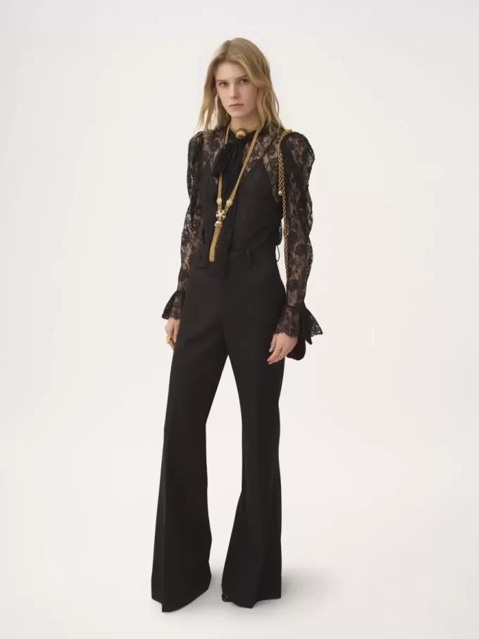 Puff-sleeve lavallière top in floral lace jacquard