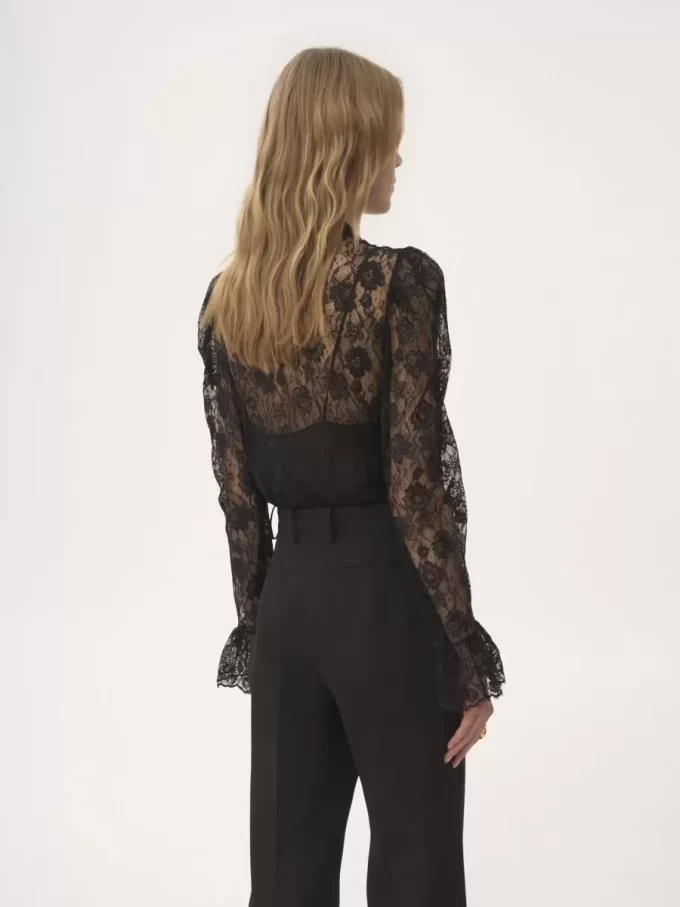 Puff-sleeve lavallière top in floral lace jacquard