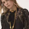 Puff-sleeve lavallière top in floral lace jacquard