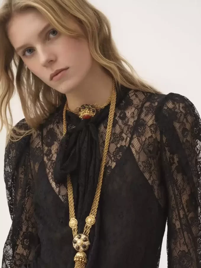 Puff-sleeve lavallière top in floral lace jacquard