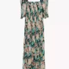 Puff-sleeve long dress in silk mousseline