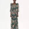 Puff-sleeve long dress in silk mousseline
