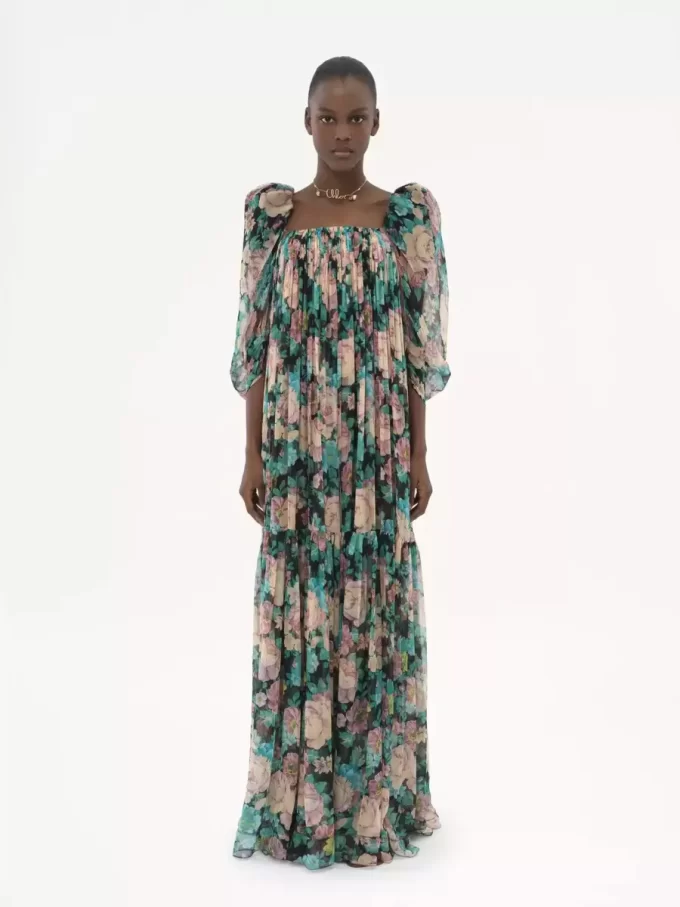 Puff-sleeve long dress in silk mousseline