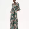 Puff-sleeve long dress in silk mousseline