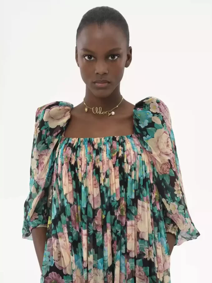 Puff-sleeve long dress in silk mousseline