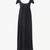 Puff-sleeve long dress in silk plumetis
