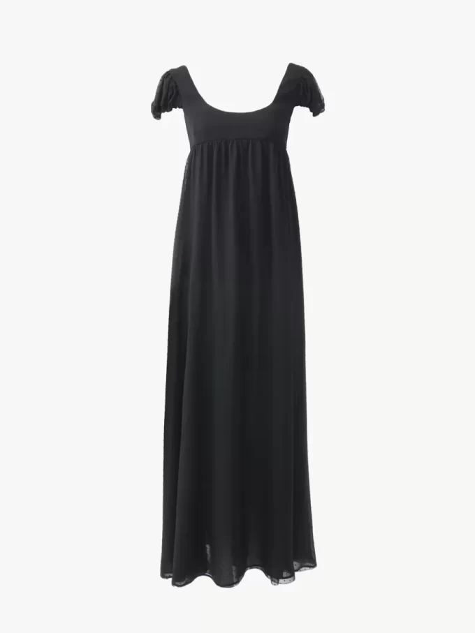 Puff-sleeve long dress in silk plumetis