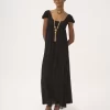 Puff-sleeve long dress in silk plumetis