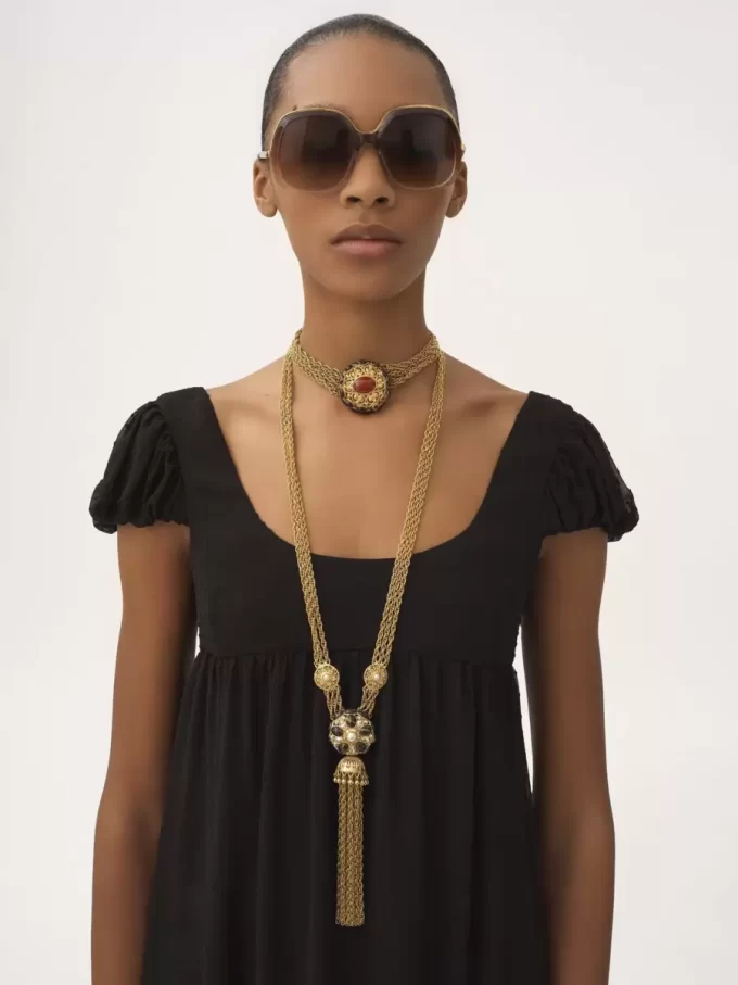 Puff-sleeve long dress in silk plumetis