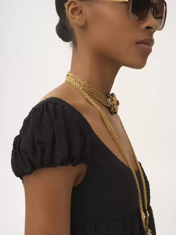 Puff-sleeve long dress in silk plumetis