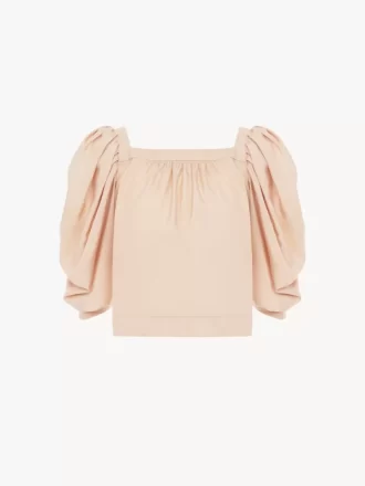 Puff-sleeve pleated top in silk poplin