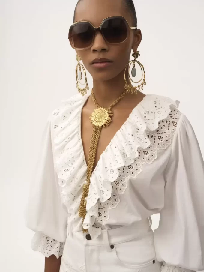 Puff-sleeve V-neck top in cotton voile