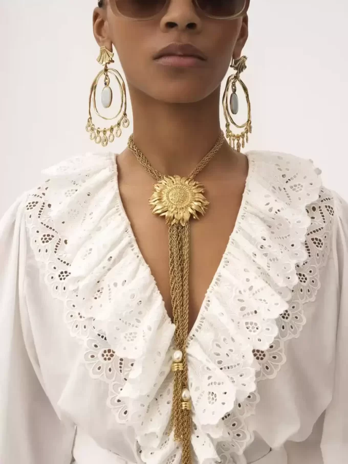 Puff-sleeve V-neck top in cotton voile