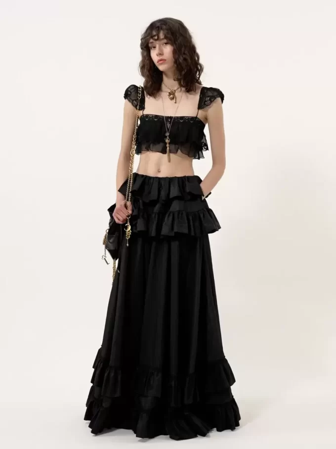 Ruffled bralette in silk mousseline & lace