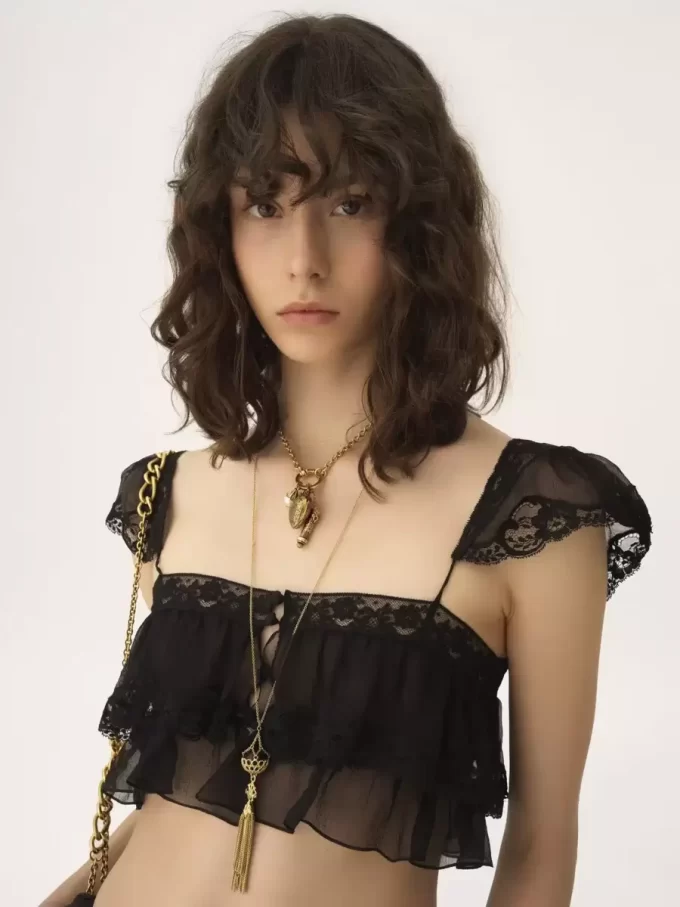 Ruffled bralette in silk mousseline & lace