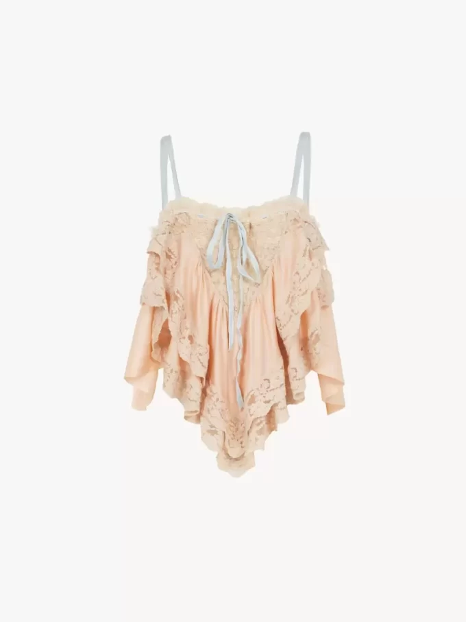 Ruffled camisole top in silk charmeuse & lace