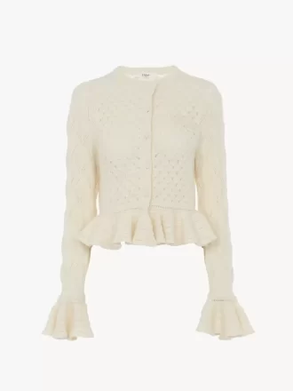 Ruffled logo cardigan in a silk, alpaca & cotton knit