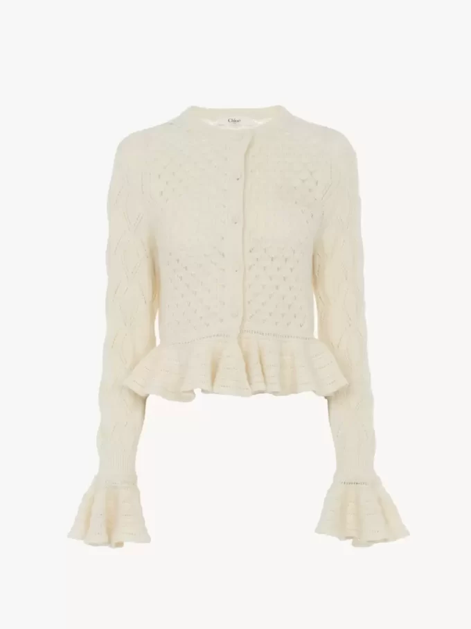 Ruffled logo cardigan in a silk, alpaca & cotton knit