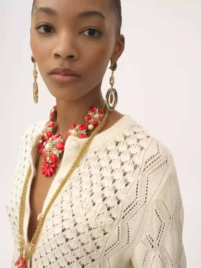 Ruffled logo cardigan in a silk, alpaca & cotton knit