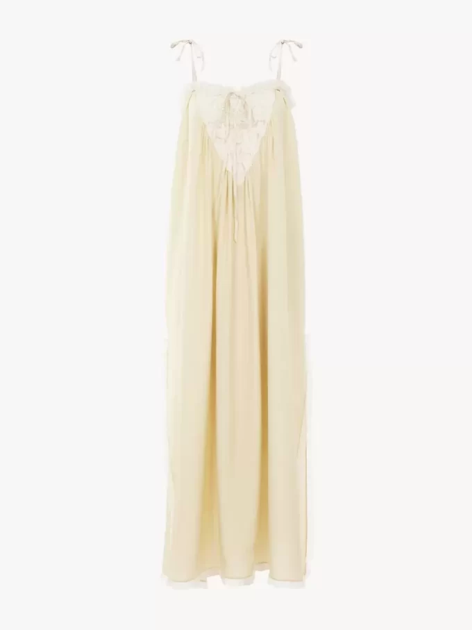 Ruffled long dress in silk habotai & lace