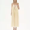 Ruffled long dress in silk habotai & lace