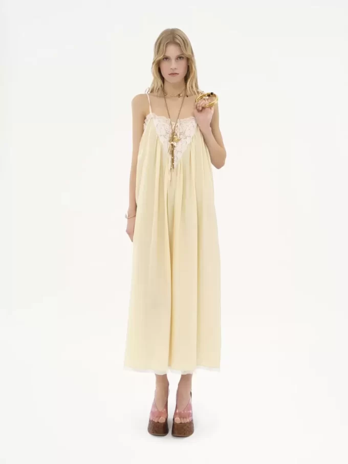 Ruffled long dress in silk habotai & lace