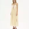 Ruffled long dress in silk habotai & lace