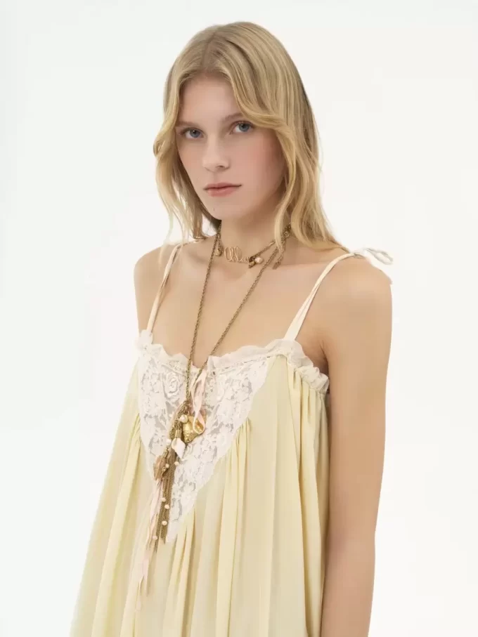 Ruffled long dress in silk habotai & lace