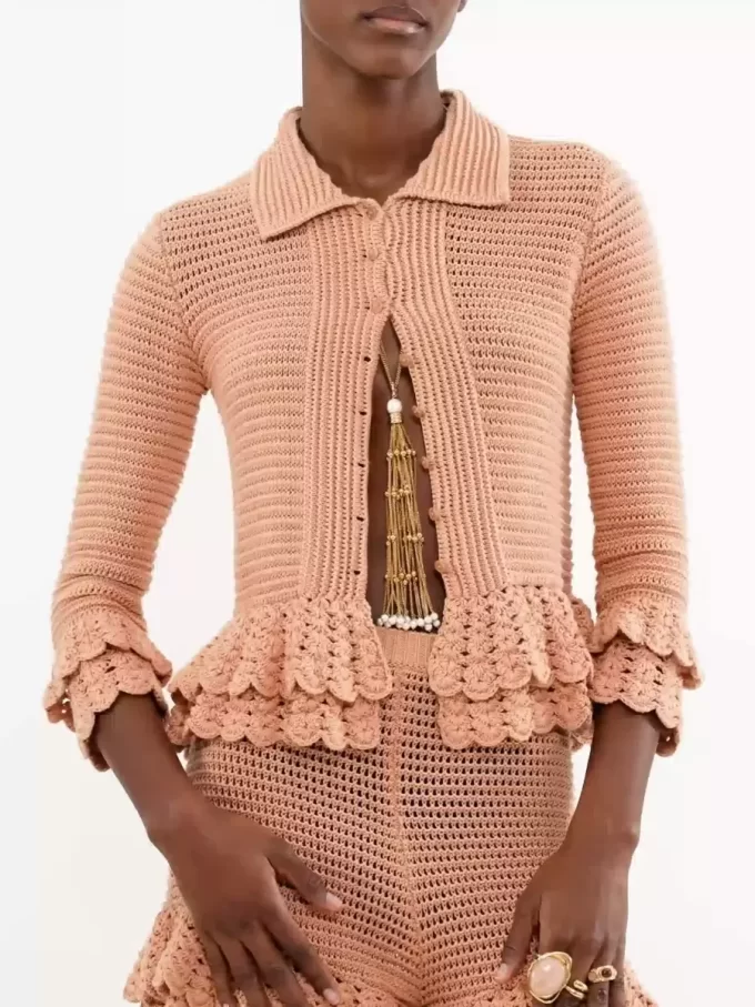 Fitted ruffled cardigan in crochet knit