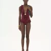 Ruffled V-neck one-piece swimsuit