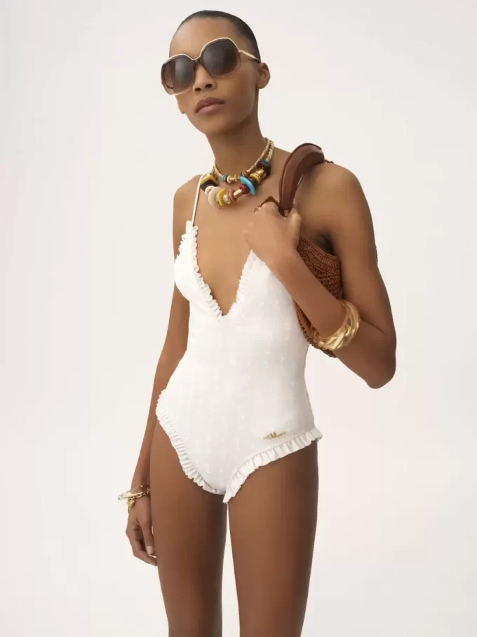 Ruffled V-neck one-piece swimsuit