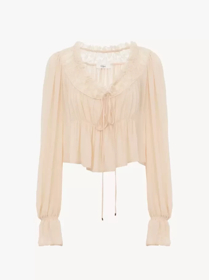 Scoop-neck cropped top in silk georgette & lace