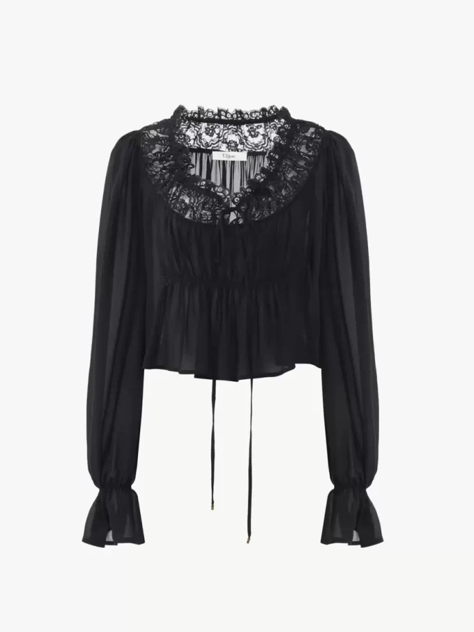 Scoop-neck cropped top in silk georgette & lace