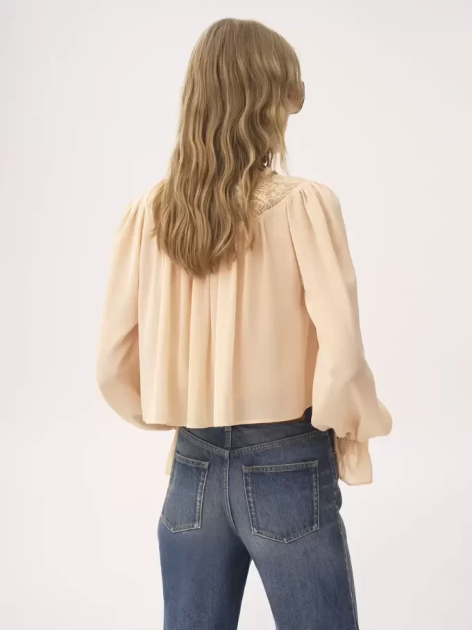 Scoop-neck cropped top in silk georgette & lace