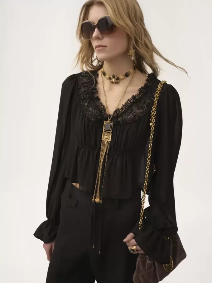 Scoop-neck cropped top in silk georgette & lace