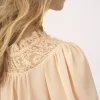 Scoop-neck cropped top in silk georgette & lace