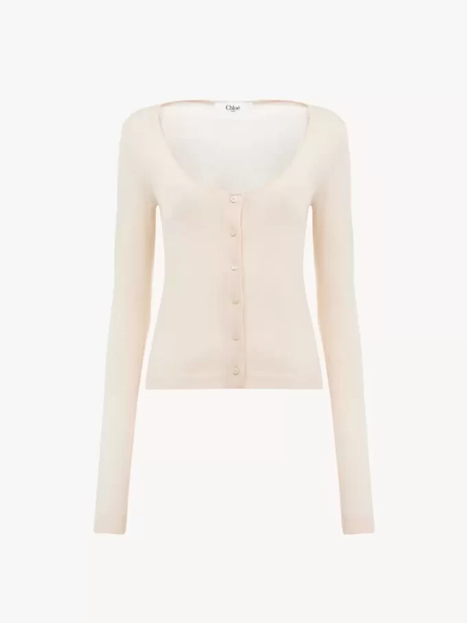 Scoop-neck fitted cardigan in superfine wool knit