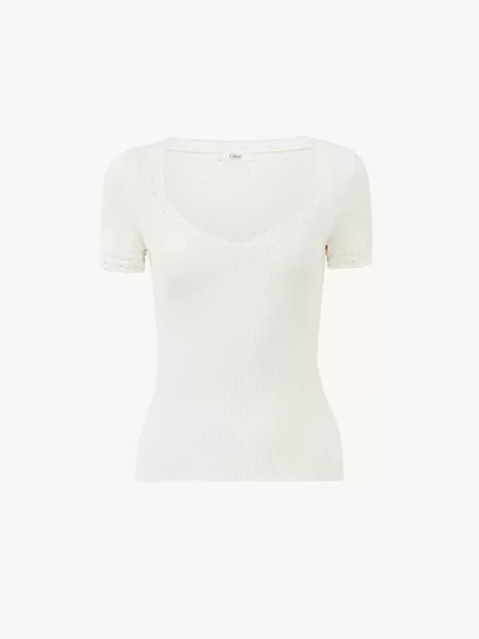 Scoop-neck fitted top in a wool knit & lace