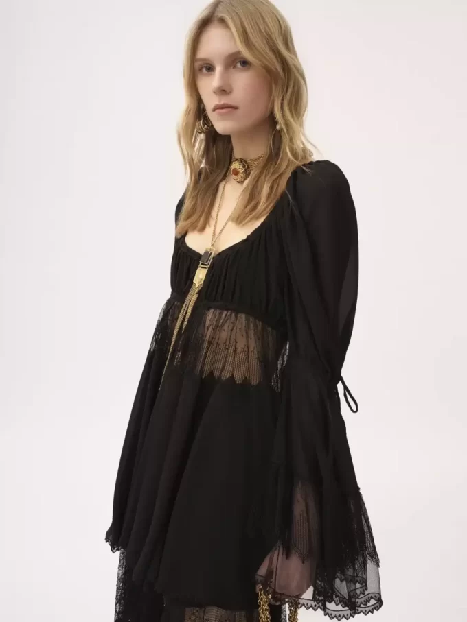 Scoop-neck puff-sleeve top in silk georgette & lace Scoop-neck puff-sleeve top in silk georgette & lace