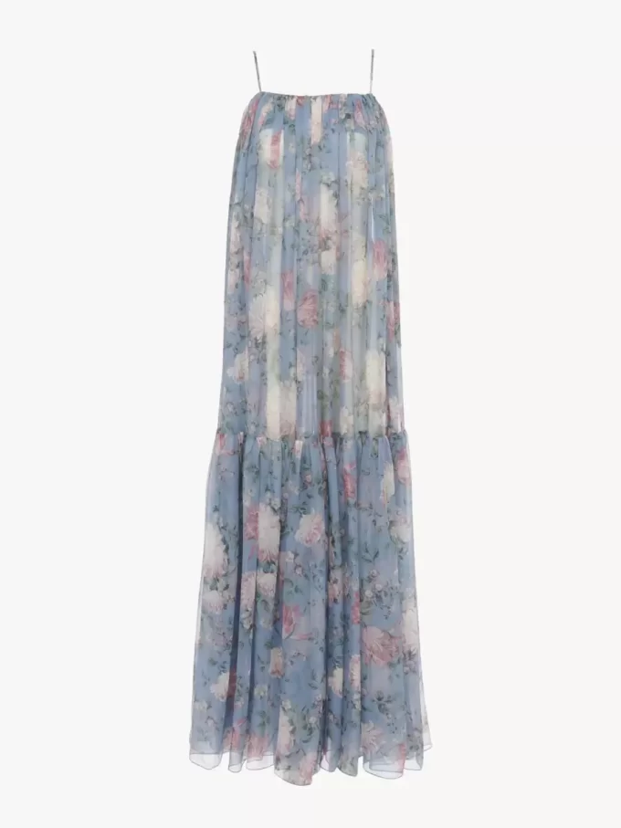 Sleeveless long dress in silk mousseline