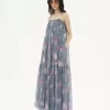 Sleeveless long dress in silk mousseline