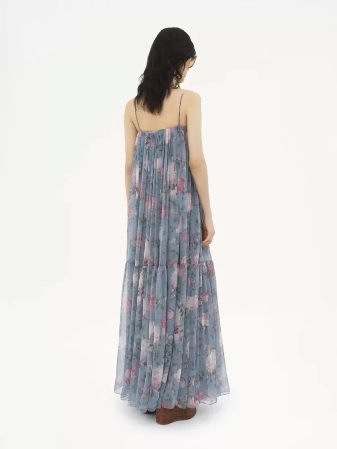 Sleeveless long dress in silk mousseline
